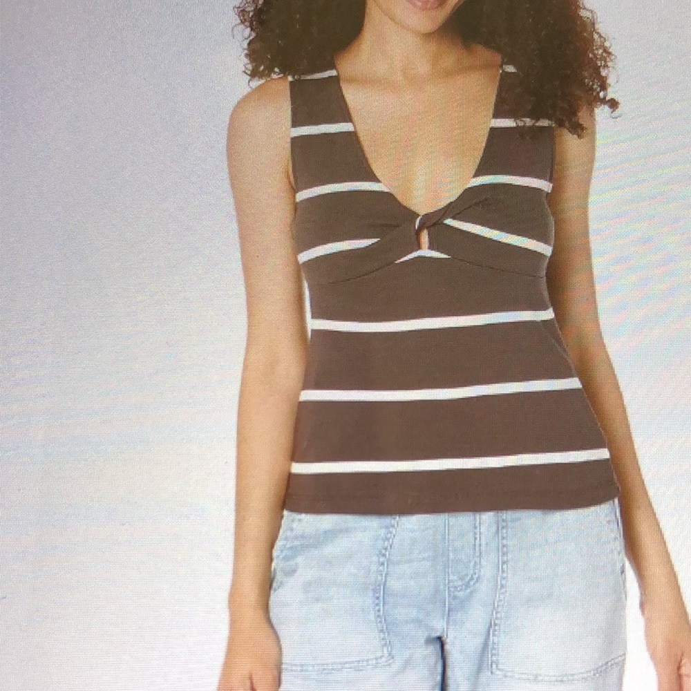 Sanctuary Twisted Front Rib Tank Brown and White Striped Tank Top